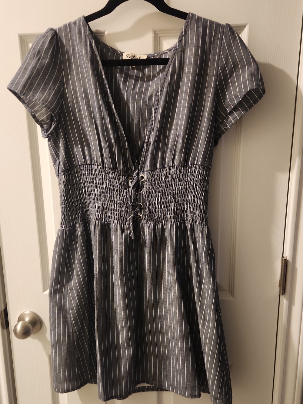 Listicle Blue Striped Lace-Up Smocked Mini Dress